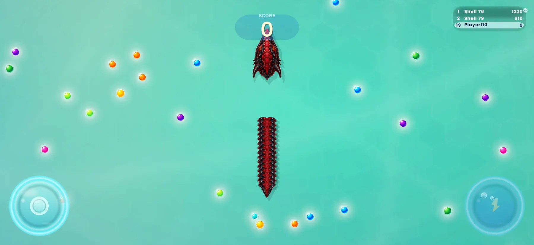Actual Coastcoil gameplay showing Ember Wyrm, glowing pellets, score, rank, joystick, and boost controls