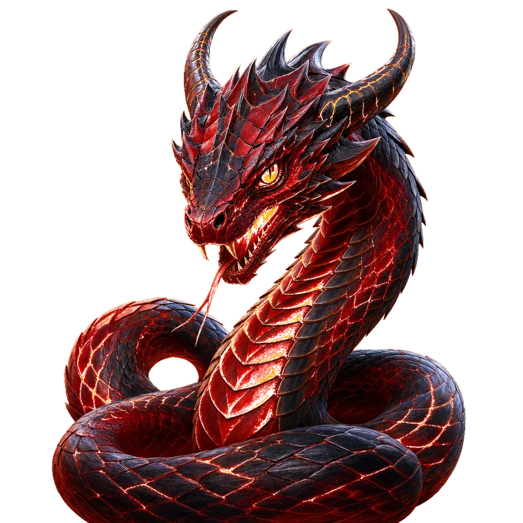 Ember Wyrm, a red-and-black legendary dragon coil